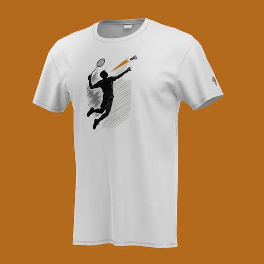 Black badminton player silhouette smashing orange shuttle