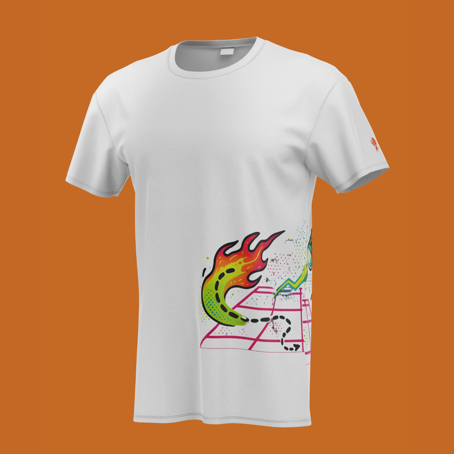 Shuttlecock with fire tail over badminton grid front