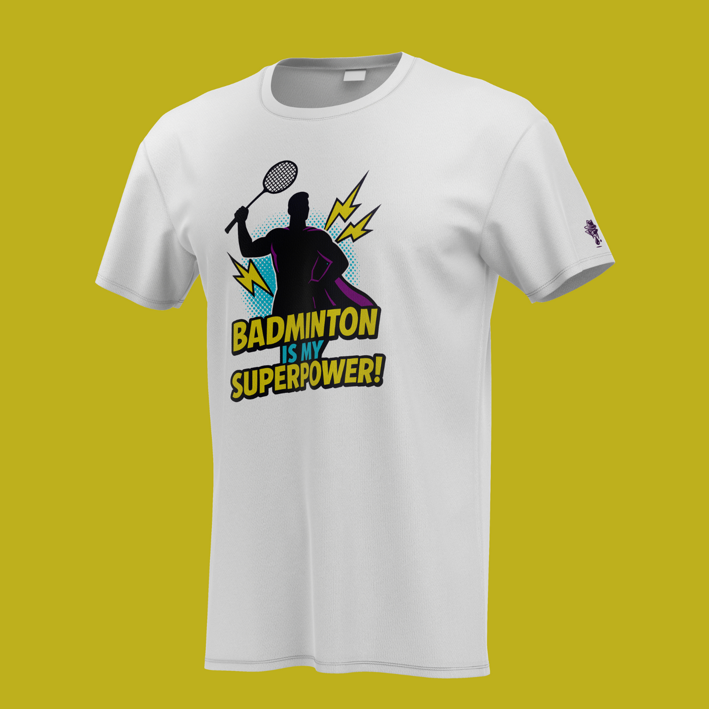 Superhero silhouette with racket and badminton quote