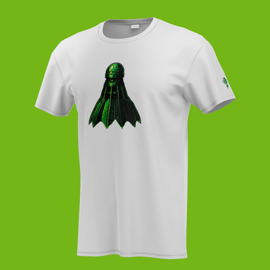 Green techno style shuttlecock on white shirt
