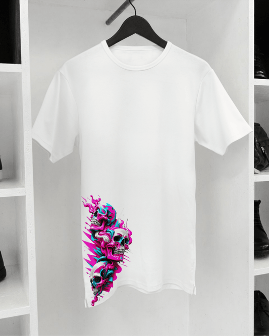 Neon Skull Stack Graphic T-Shirt – Side Printed White Tee - Inkognito